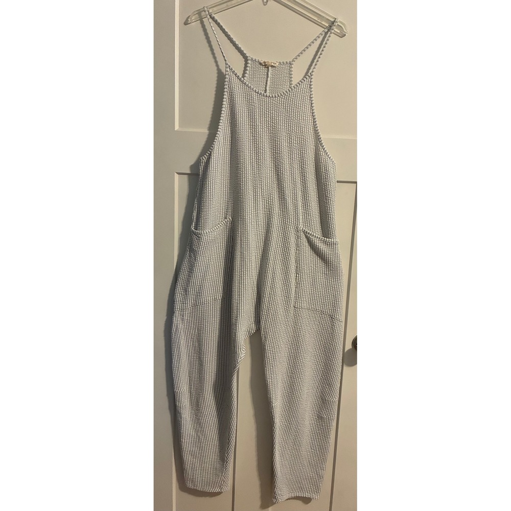 Moa Moa Womens Blue White Striped Waffle Knit Sleeveless Jumpsuit Size L